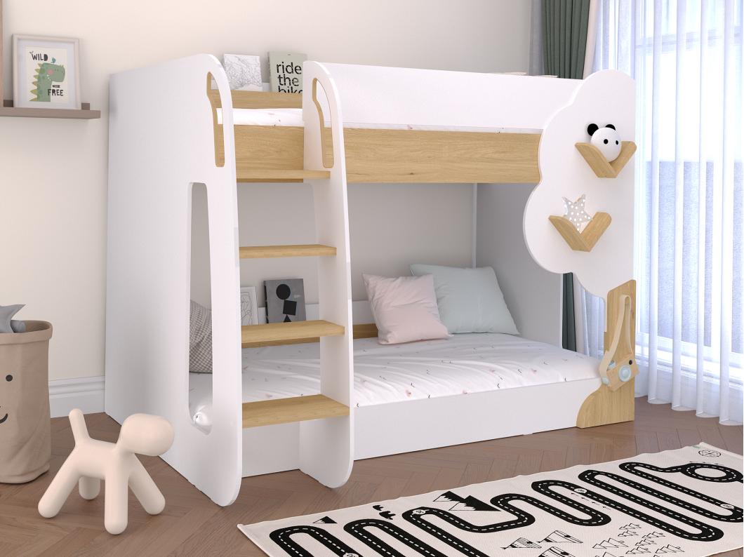 Letto a castello 2 x 90 x 190 cm Bianco e Naturale + Materasso - PILATI