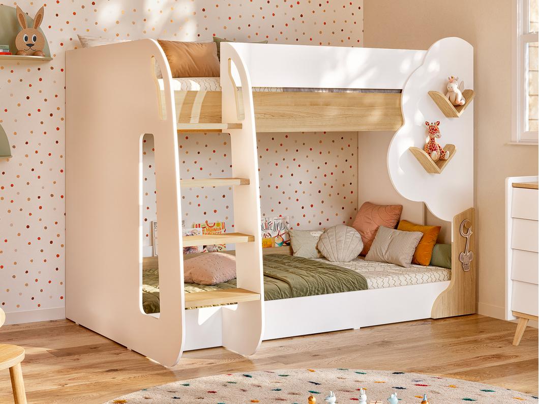 Lits superposés 2 x 90 x 190 cm - Blanc et Naturel + Matelas - PILATI
