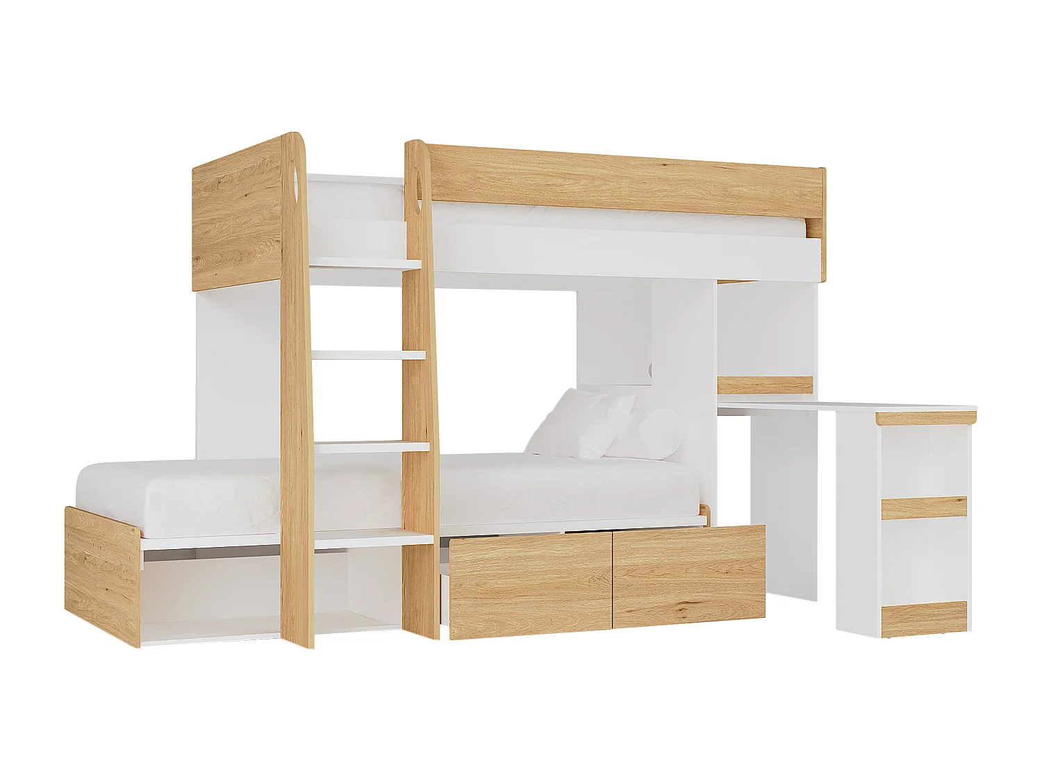 Etagenbett mit Schreibtisch & Stauraum - 2 x 90 x 190 cm - Holzfarben & Weiß + Matratze - LOMIDEN