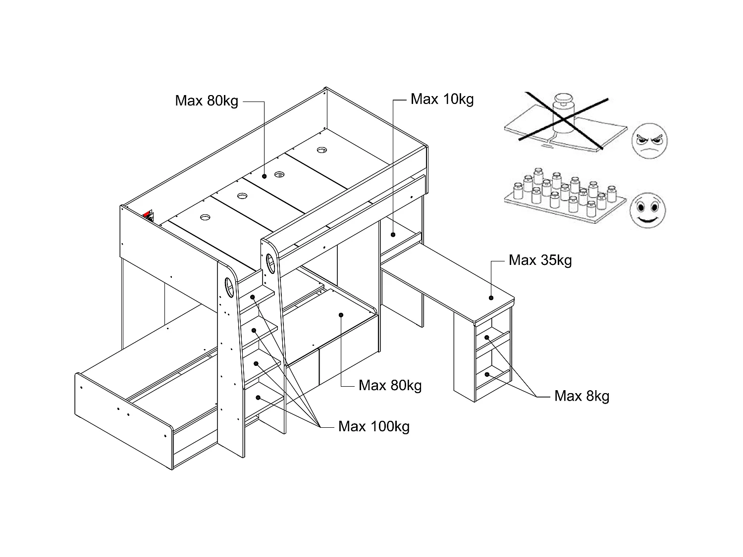 Etagenbett mit Schreibtisch & Stauraum - 2 x 90 x 190 cm - Holzfarben & Weiß + Matratze - LOMIDEN
