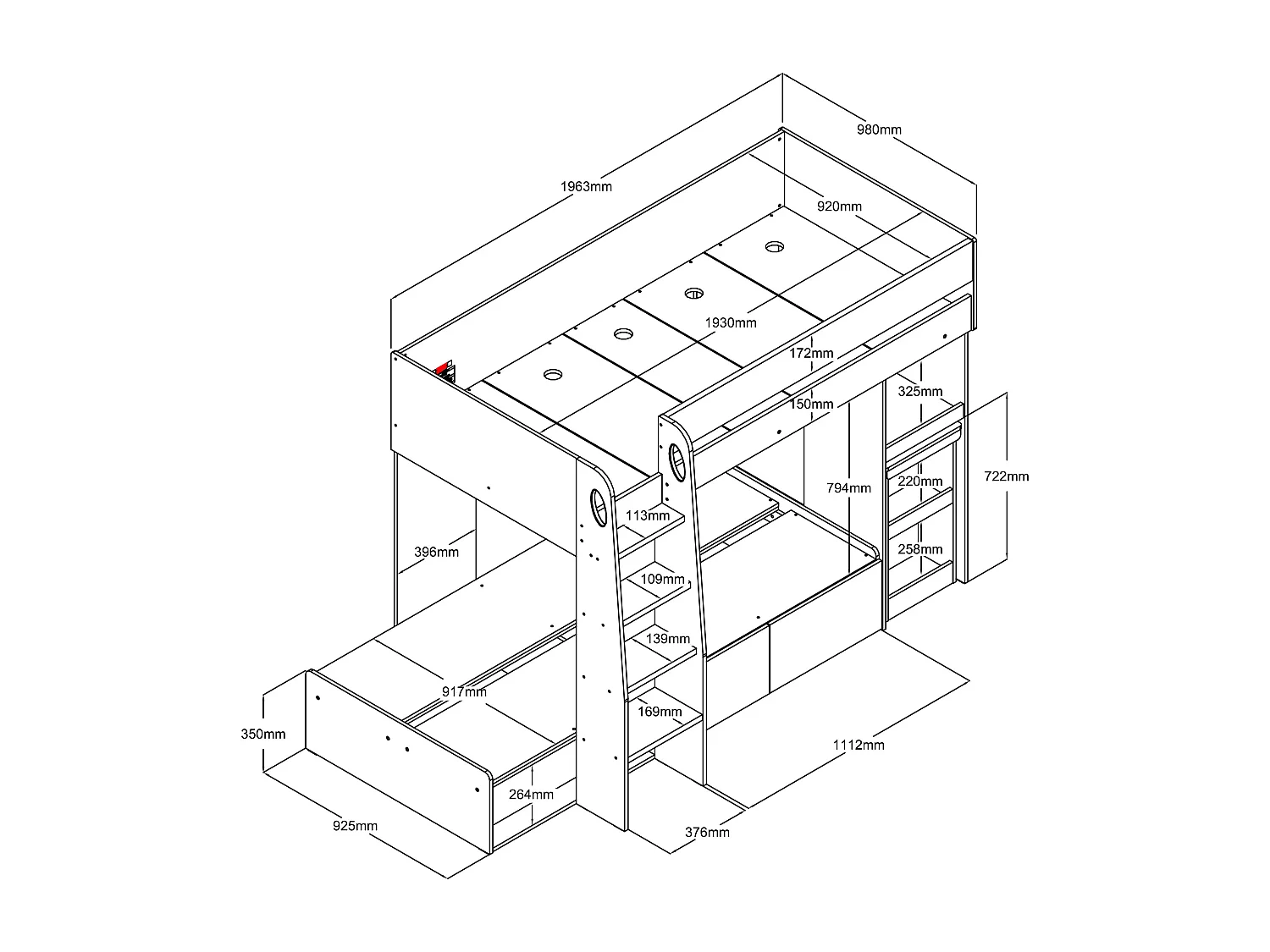 Etagenbett mit Schreibtisch & Stauraum - 2 x 90 x 190 cm - Holzfarben & Weiß + Matratze - LOMIDEN