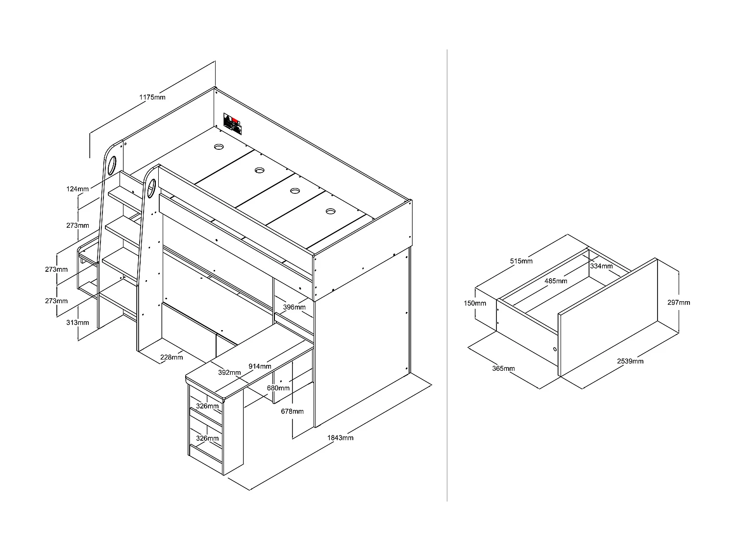 Etagenbett mit Schreibtisch & Stauraum - 2 x 90 x 190 cm - Holzfarben & Weiß + Matratze - LOMIDEN