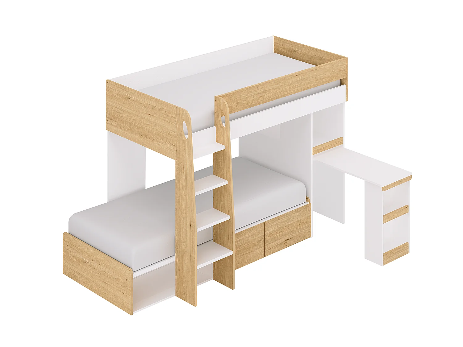 Etagenbett mit Schreibtisch & Stauraum - 2 x 90 x 190 cm - Holzfarben & Weiß + Matratze - LOMIDEN