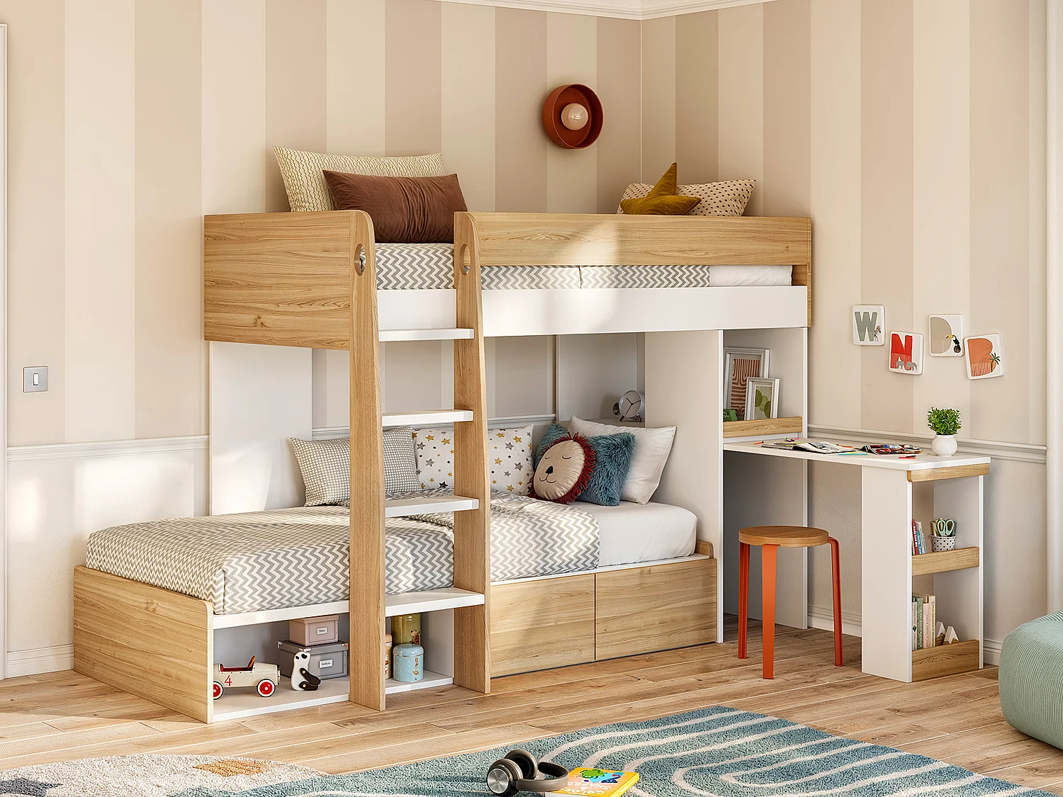 Etagenbett mit Schreibtisch & Stauraum - 2 x 90 x 190 cm - Holzfarben & Weiß + Matratze - LOMIDEN