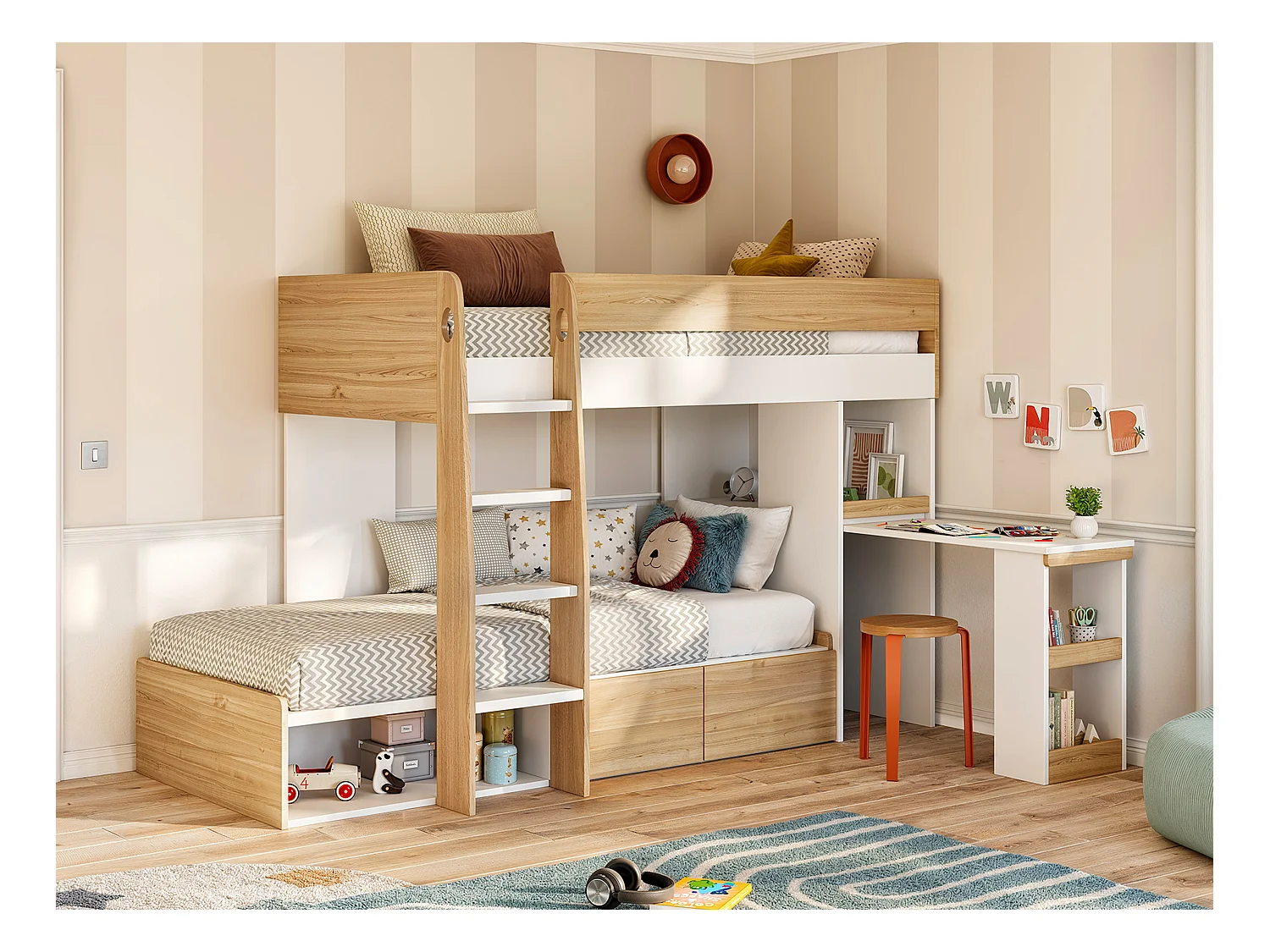 Lits superposés 2 x 90 x 190 cm avec bureau et rangements - Coloris : Naturel et blanc + Matelas - LOMIDEN