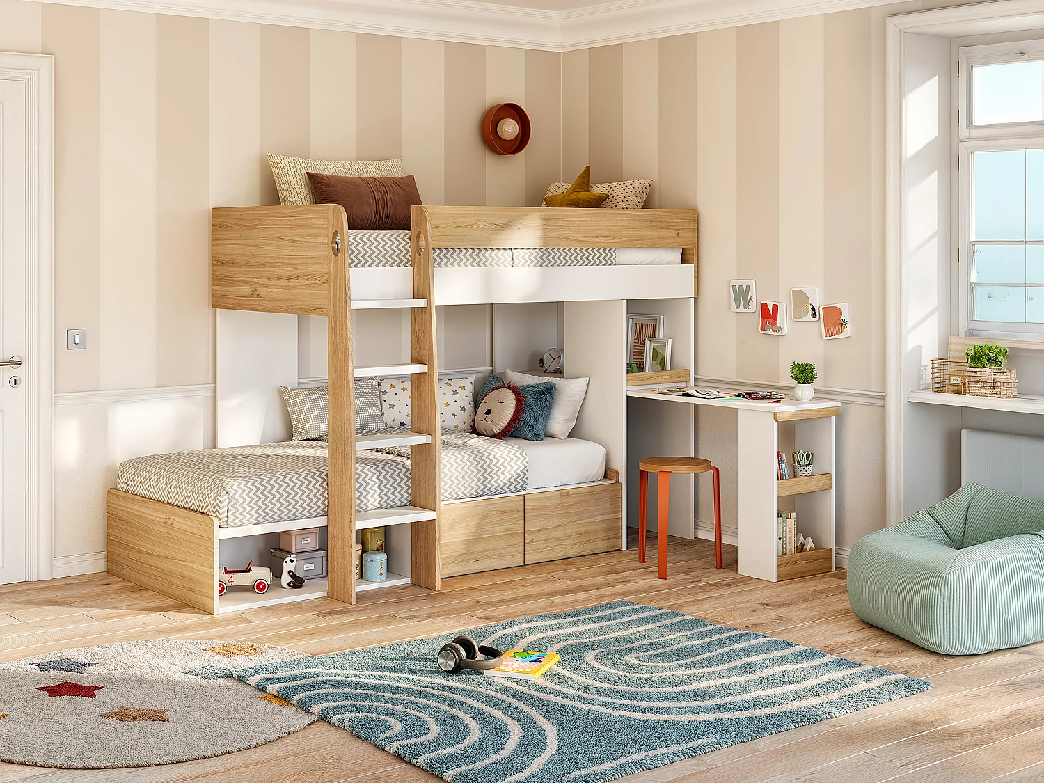 Etagenbett mit Schreibtisch & Stauraum - 2 x 90 x 190 cm - Holzfarben & Weiß + Matratze - LOMIDEN