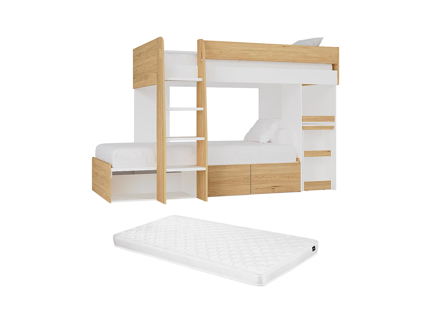 Stapelbed 2 x 90 x 190 cm met bureau en opbergruimte - Kleuren: houtlook en wit + matras - LOMIDEN