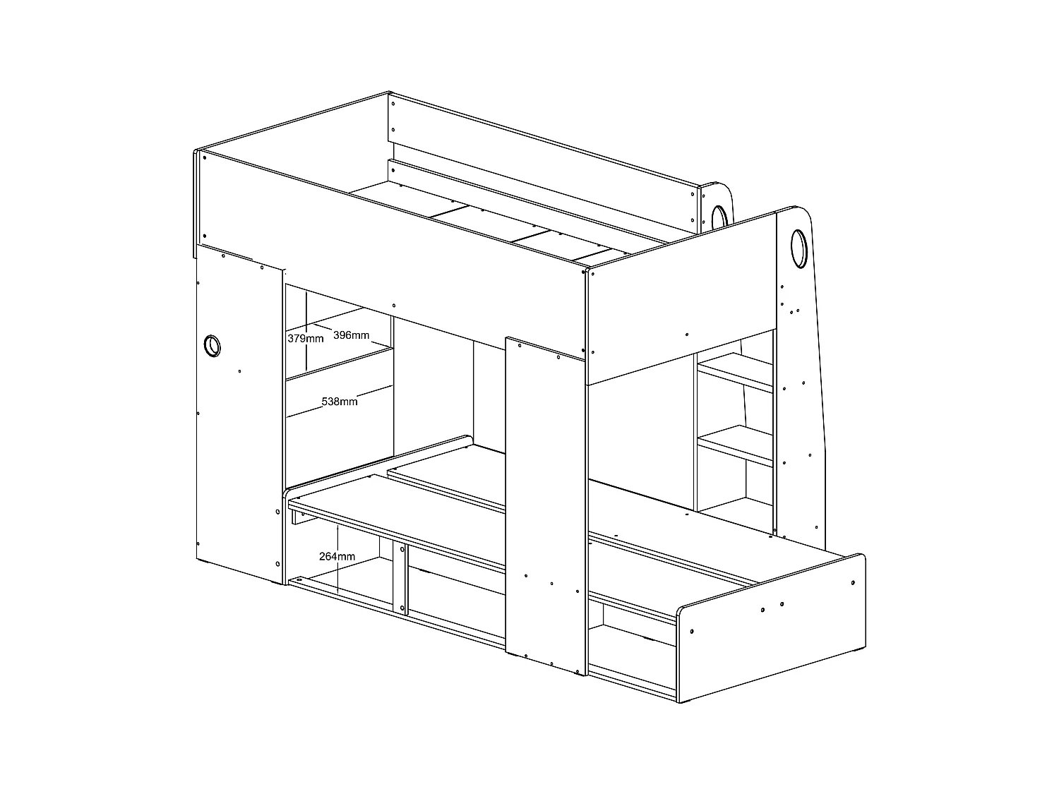 Stapelbed 2 x 90 x 190 cm met bureau en opbergruimte - Kleuren: houtlook en wit + matras - LOMIDEN