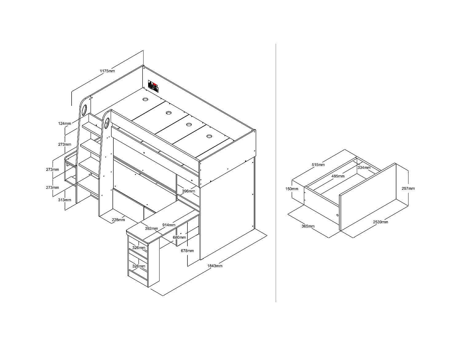 Stapelbed 2 x 90 x 190 cm met bureau en opbergruimte - Kleuren: houtlook en wit + matras - LOMIDEN