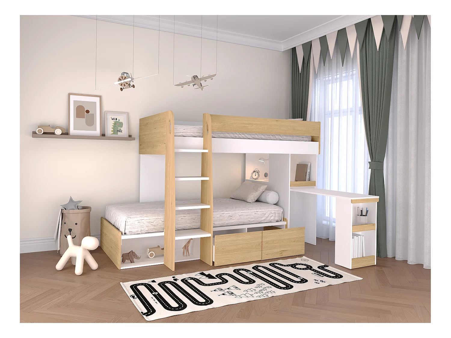 Stapelbed 2 x 90 x 190 cm met bureau en opbergruimte - Kleuren: houtlook en wit + matras - LOMIDEN
