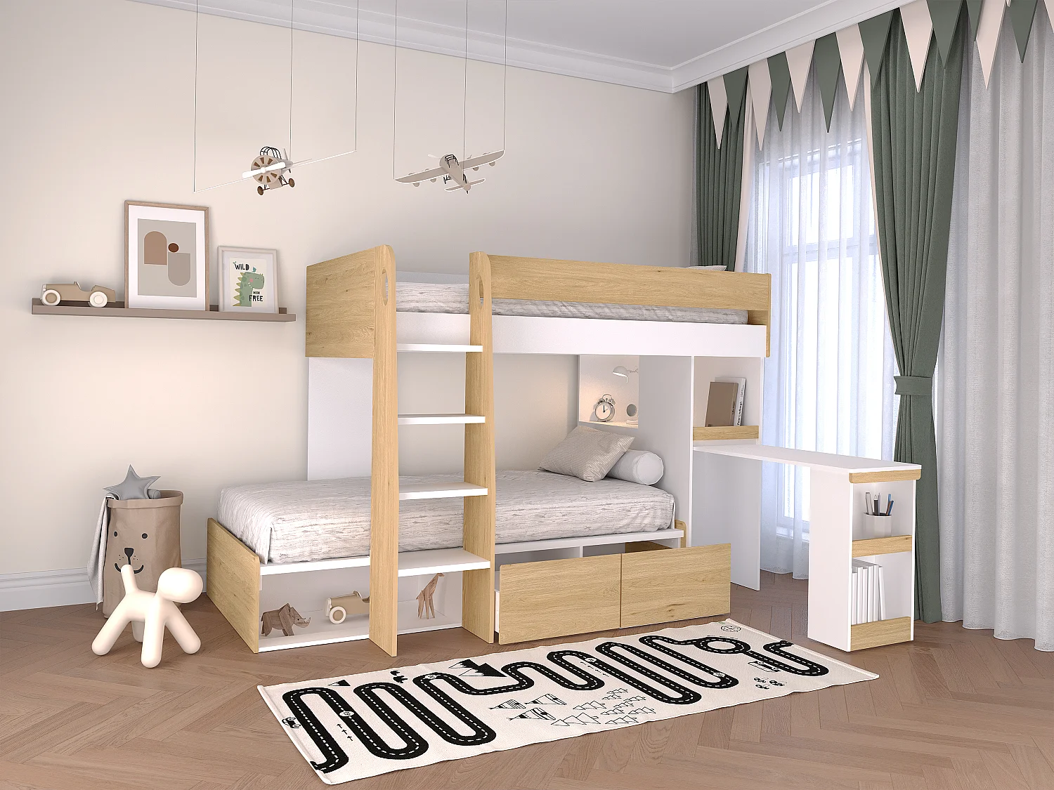 Stapelbed 2 x 90 x 190 cm met bureau en opbergruimte - Kleuren: houtlook en wit + matras - LOMIDEN