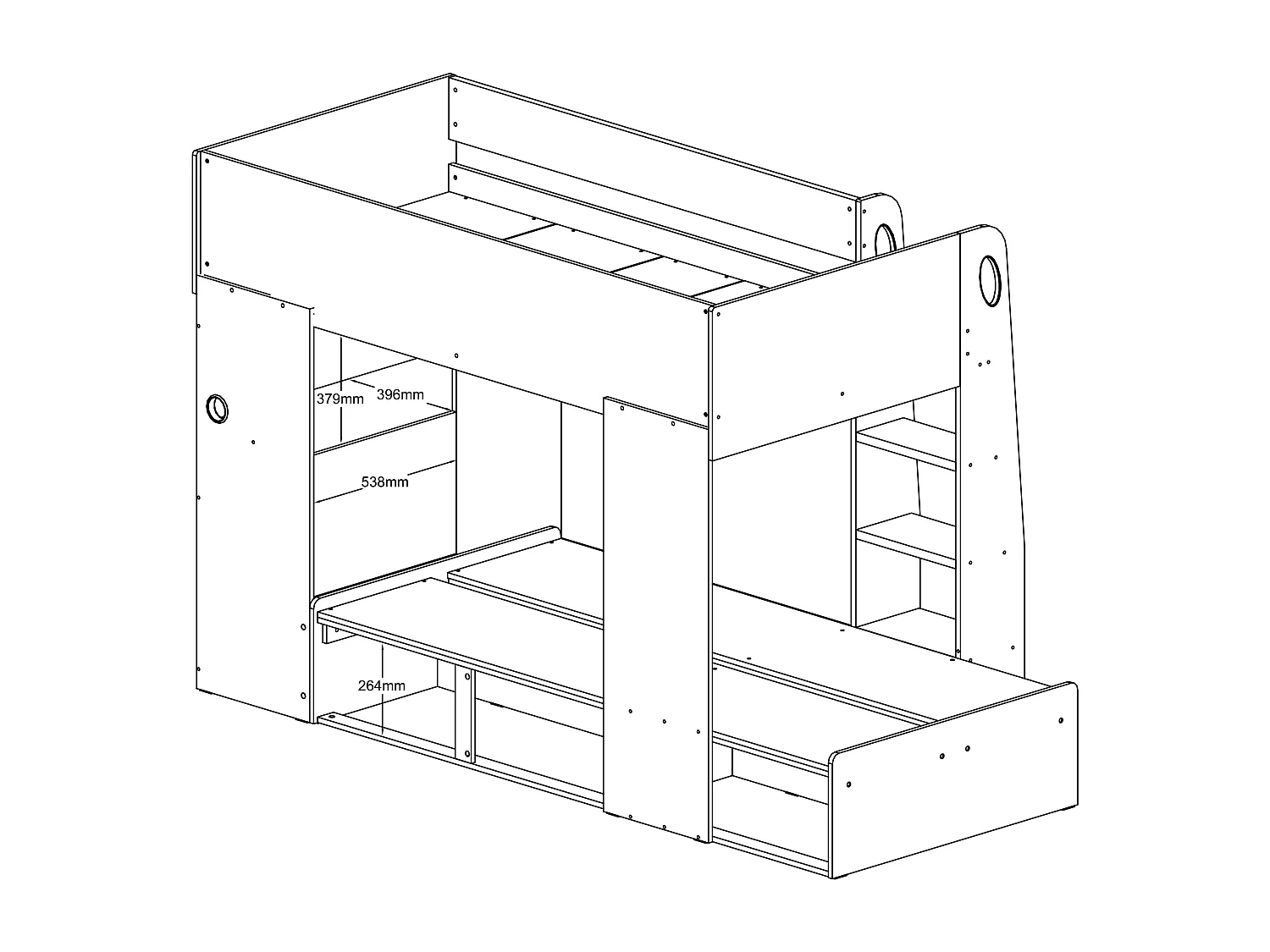 Stapelbed 2 x 90 x 190 cm met bureau en opbergruimte - Kleuren: houtlook en wit + matras - LOMIDEN