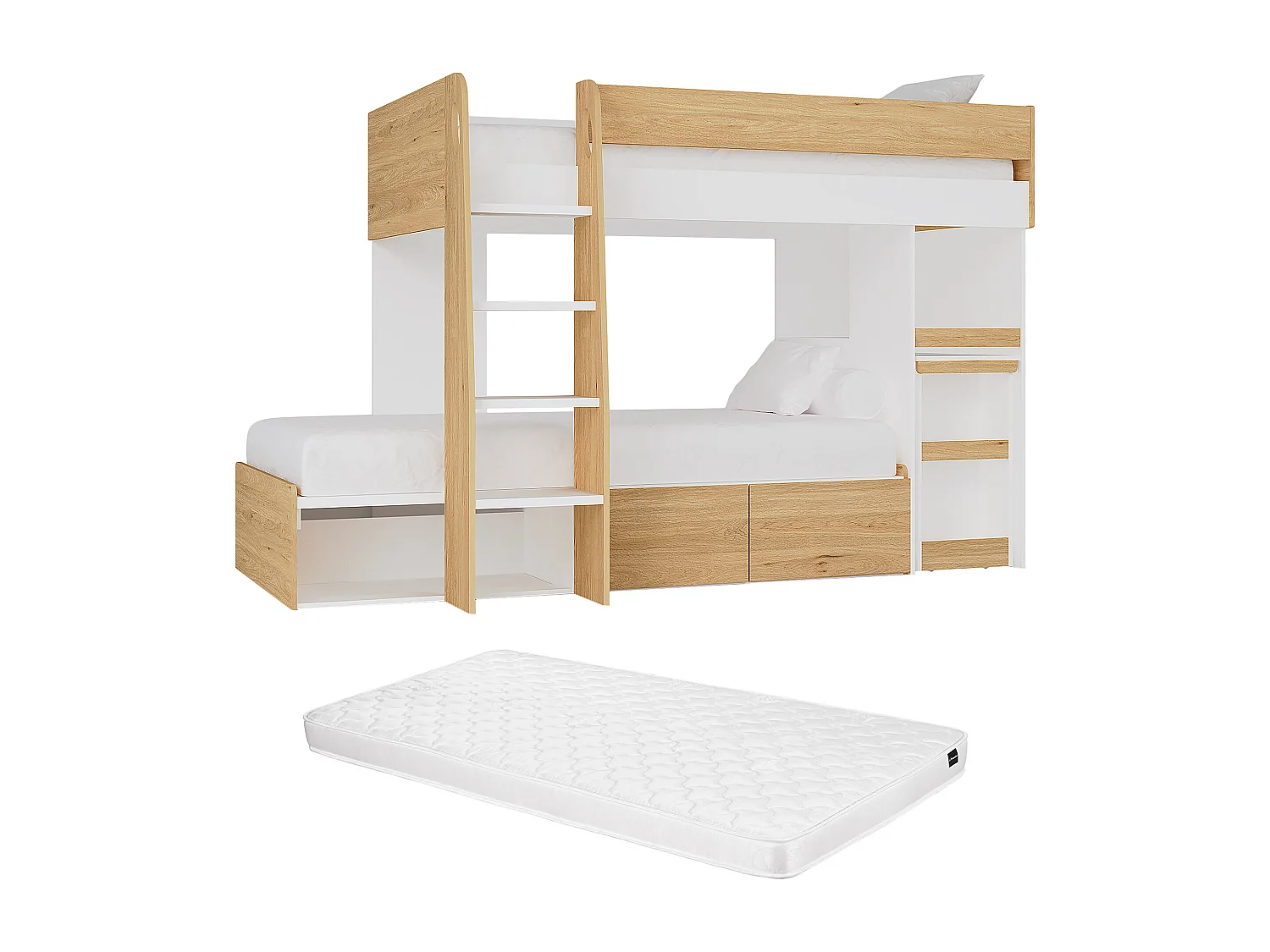Stapelbed 2 x 90 x 190 cm met bureau en opbergruimte - Kleuren: houtlook en wit + matras - LOMIDEN