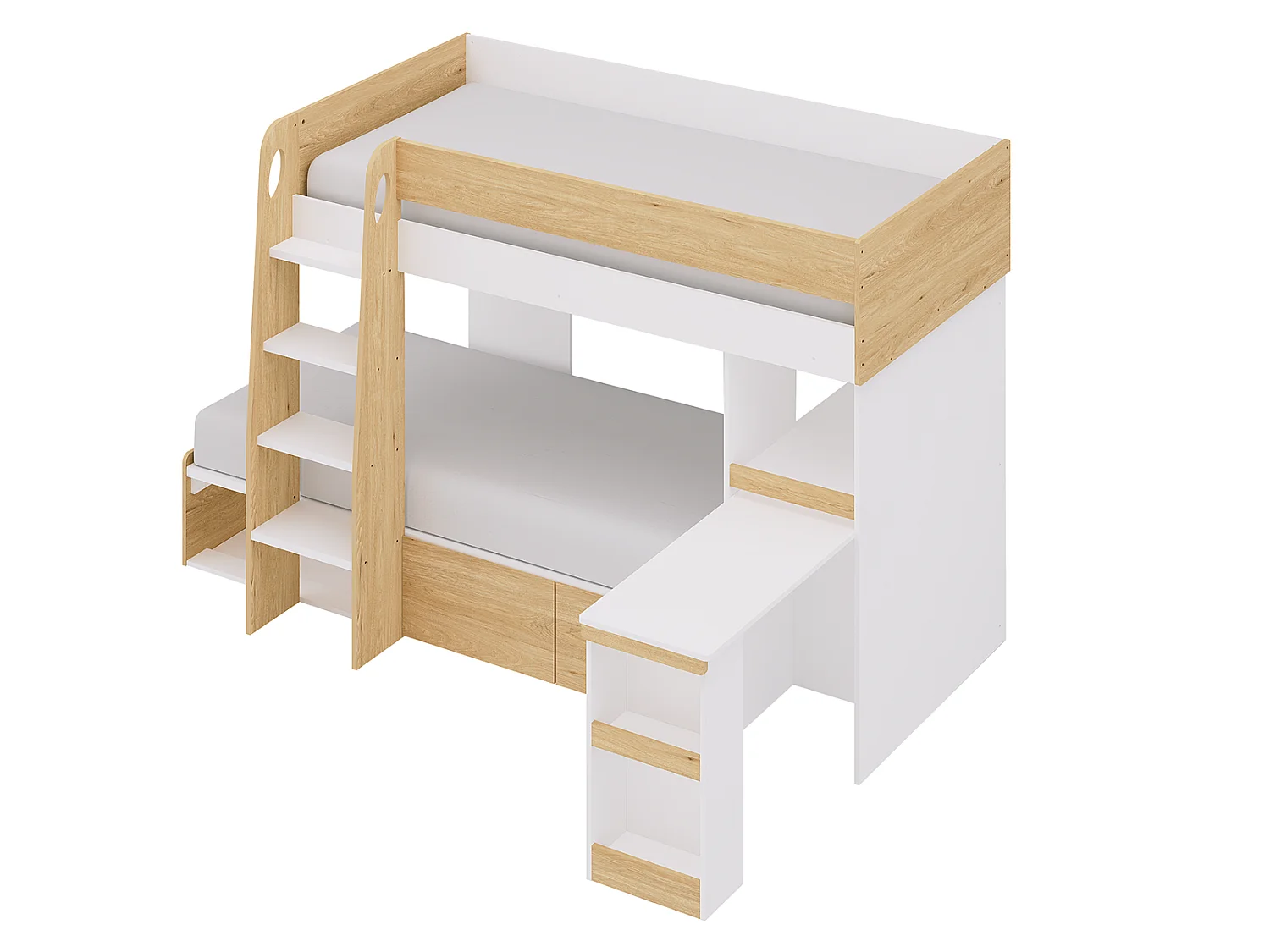 Stapelbed 2 x 90 x 190 cm met bureau en opbergruimte - Kleuren: houtlook en wit + matras - LOMIDEN