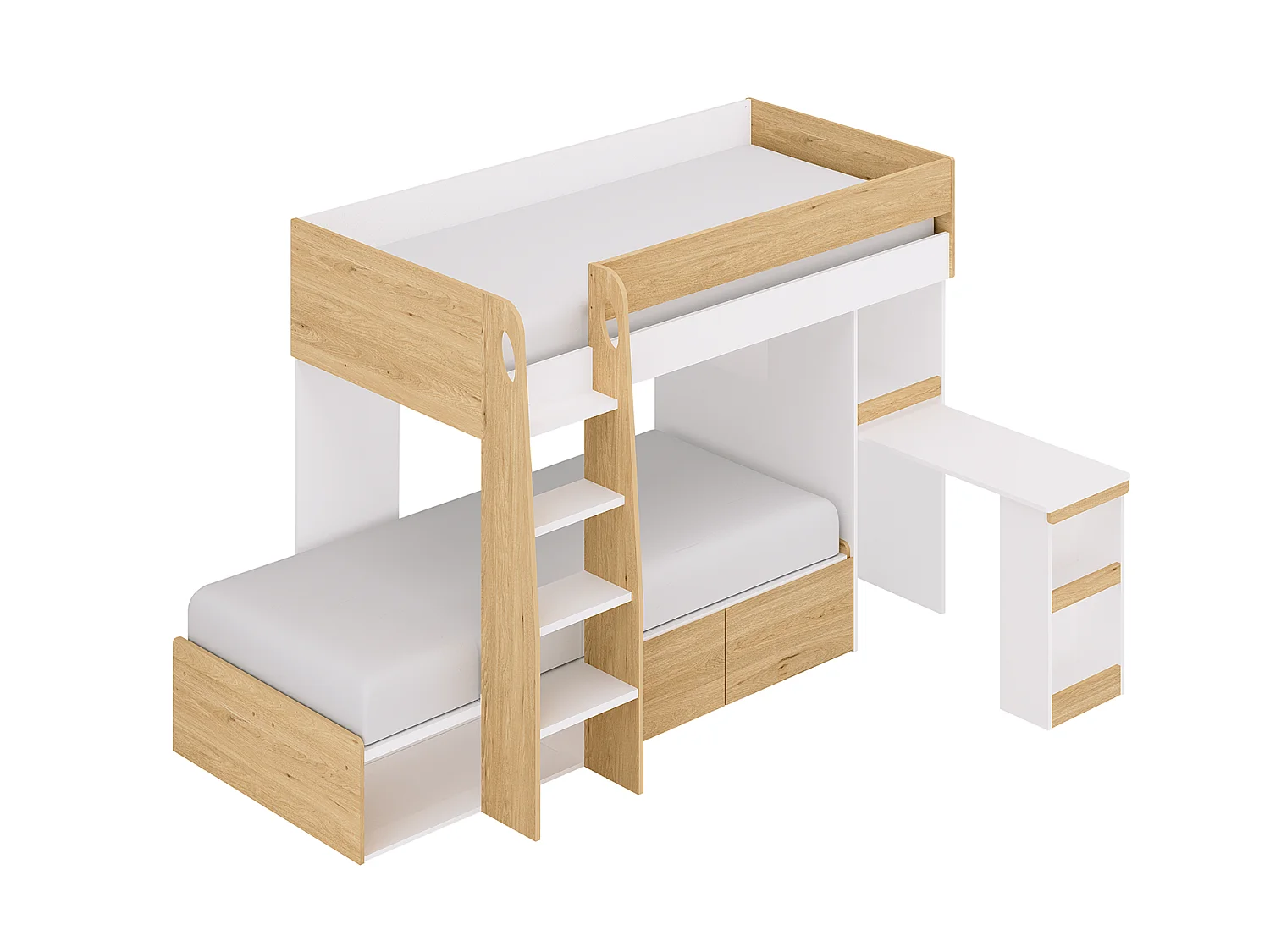 Letto a castello 2 x 90 x 190 cm con scrivania e scomparti Naturale e Bianco + Materasso - LOMIDEN
