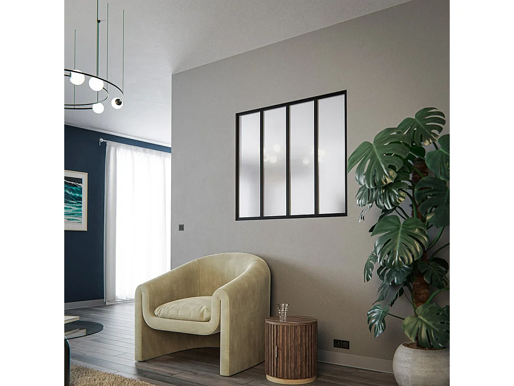 Verrière 4 Carreaux - En Kit - Noir Sablé - Verre Dépoli