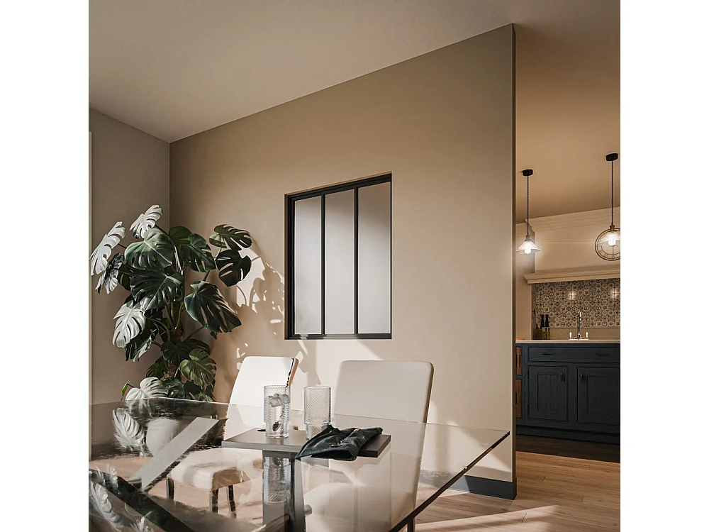 Verrière 3 Carreaux - Déjà Montée - Noir Mat - Verre Dépoli