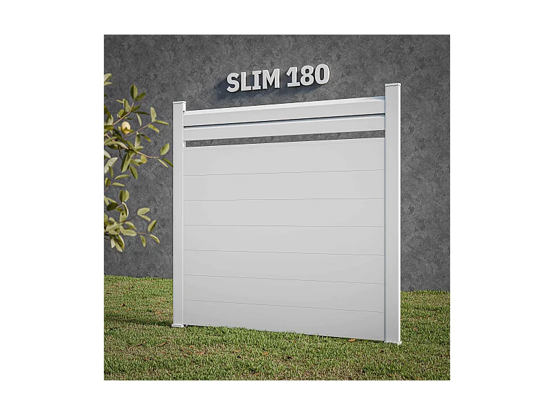Kit Clôture SLIM PVC Blanc H. 180 cm x L. 5.60 m - 2 Lisses claire-voie + 7 Soubassements