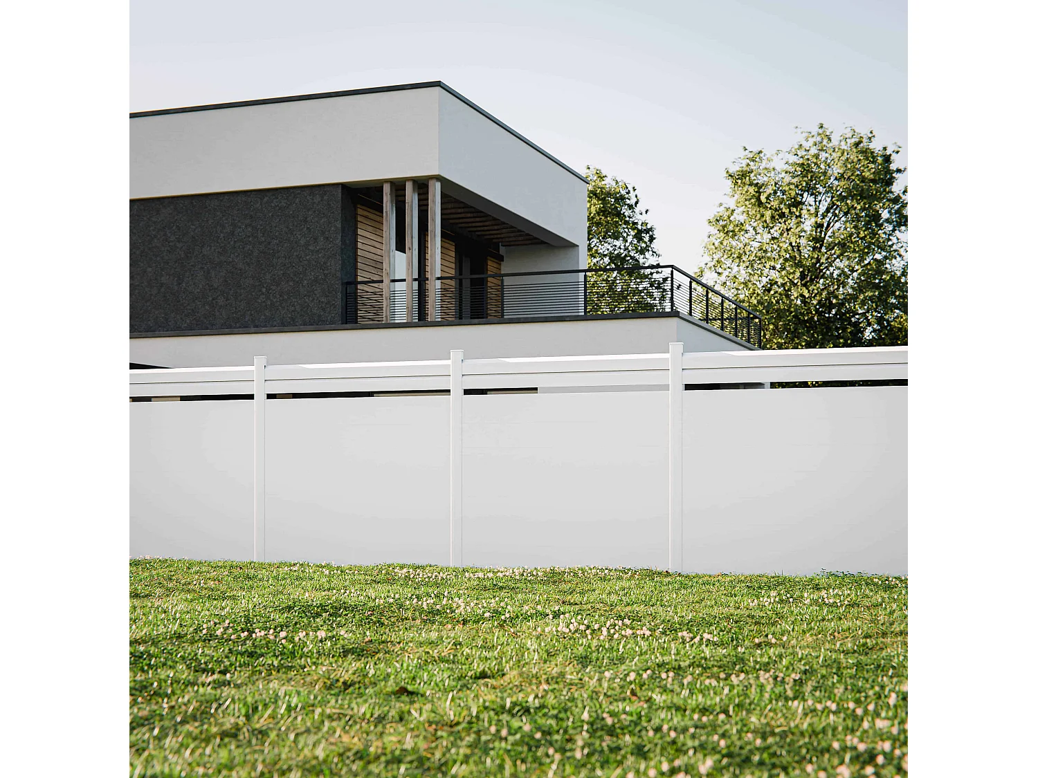 Kit Clôture SLIM PVC Blanc H. 180 cm x L. 5.60 m - 2 Lisses claire-voie + 7 Soubassements