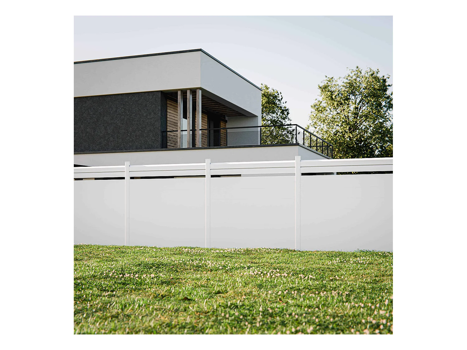 Kit Clôture SLIM PVC Blanc H. 180 cm x L. 5.60 m - 2 Lisses claire-voie + 7 Soubassements