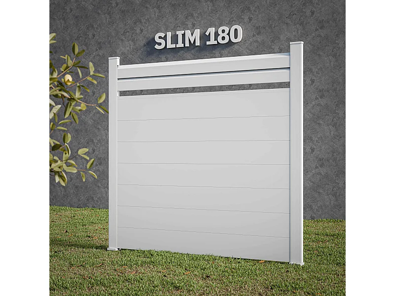 Kit Clôture SLIM PVC Blanc H. 180 cm x L. 11.10 m - 2 Lisses claire-voie + 7 Soubassements