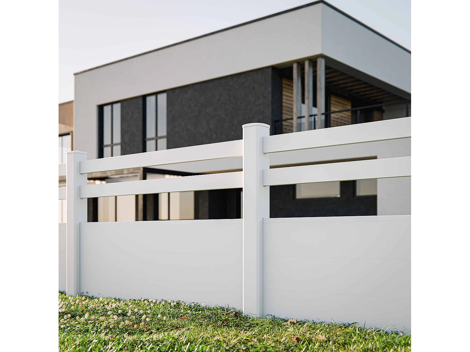 Kit Clôture PRO PVC Blanc H. 120 cm x L. 5.70 m - 2 Lisses + 3 Soubassements