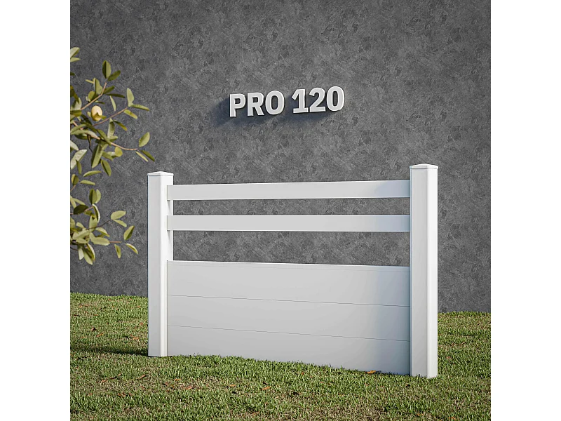 Kit Clôture PRO PVC Blanc H. 120 cm x L. 5.70 m - 2 Lisses + 3 Soubassements