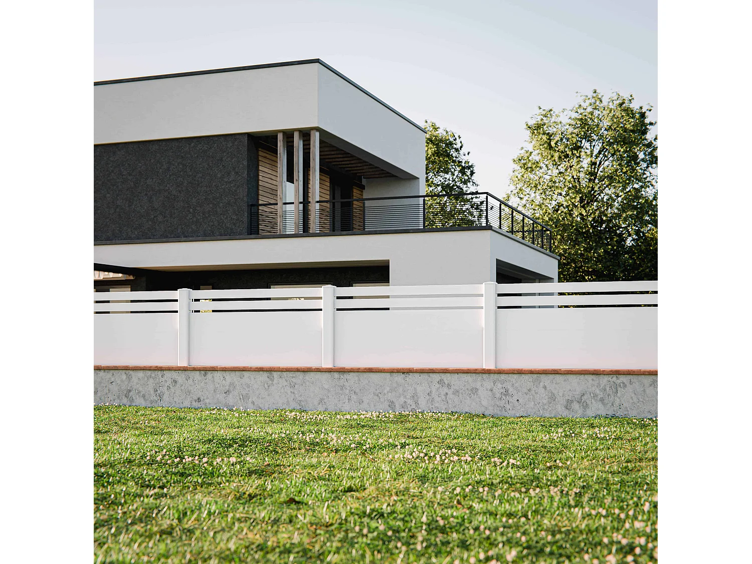 Kit Clôture PRO PVC Blanc H. 90 cm x L. 5.70 m - 2 Lisses + 3 Soubassements