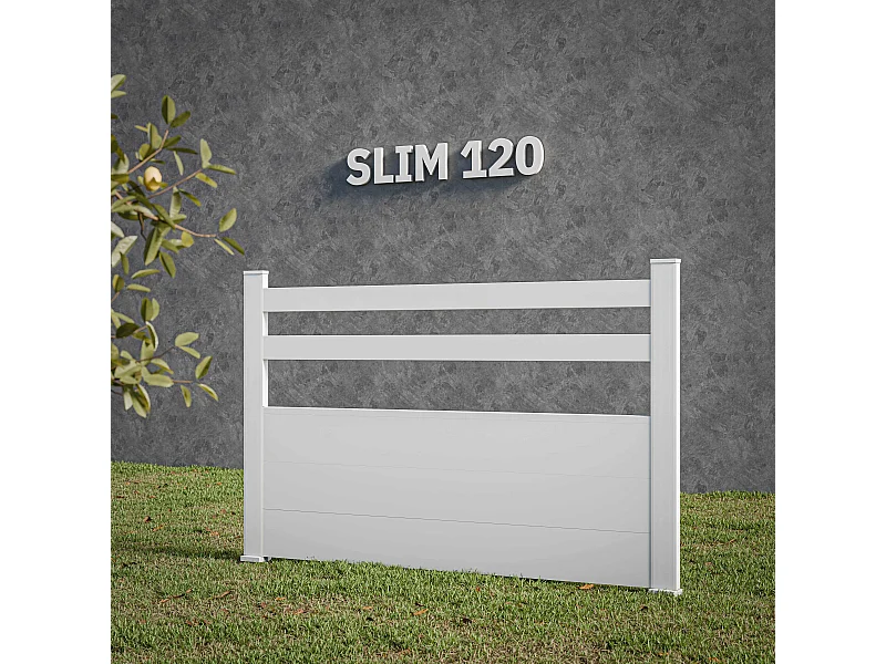 Kit Clôture SLIM PVC Blanc H. 120 cm x L. 5.60 m - 2 Lisses + 3 Soubassements