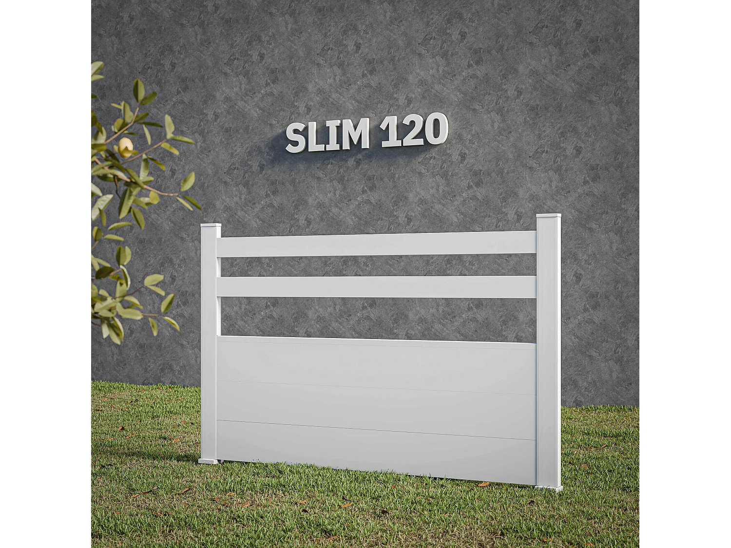 Kit Clôture SLIM PVC Blanc H. 120 cm x L. 5.60 m - 2 Lisses + 3 Soubassements
