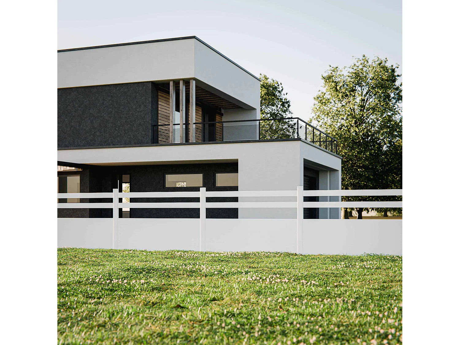 Kit Clôture SLIM PVC Blanc H. 120 cm x L. 5.60 m - 2 Lisses + 3 Soubassements