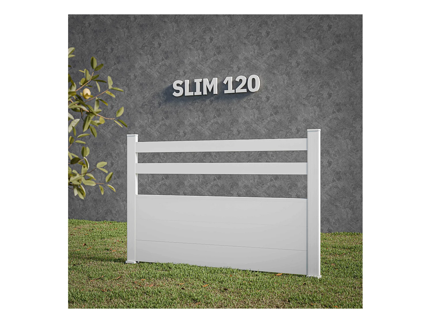 Kit Clôture SLIM PVC Blanc H. 120 cm x L. 5.60 m - 2 Lisses + 3 Soubassements