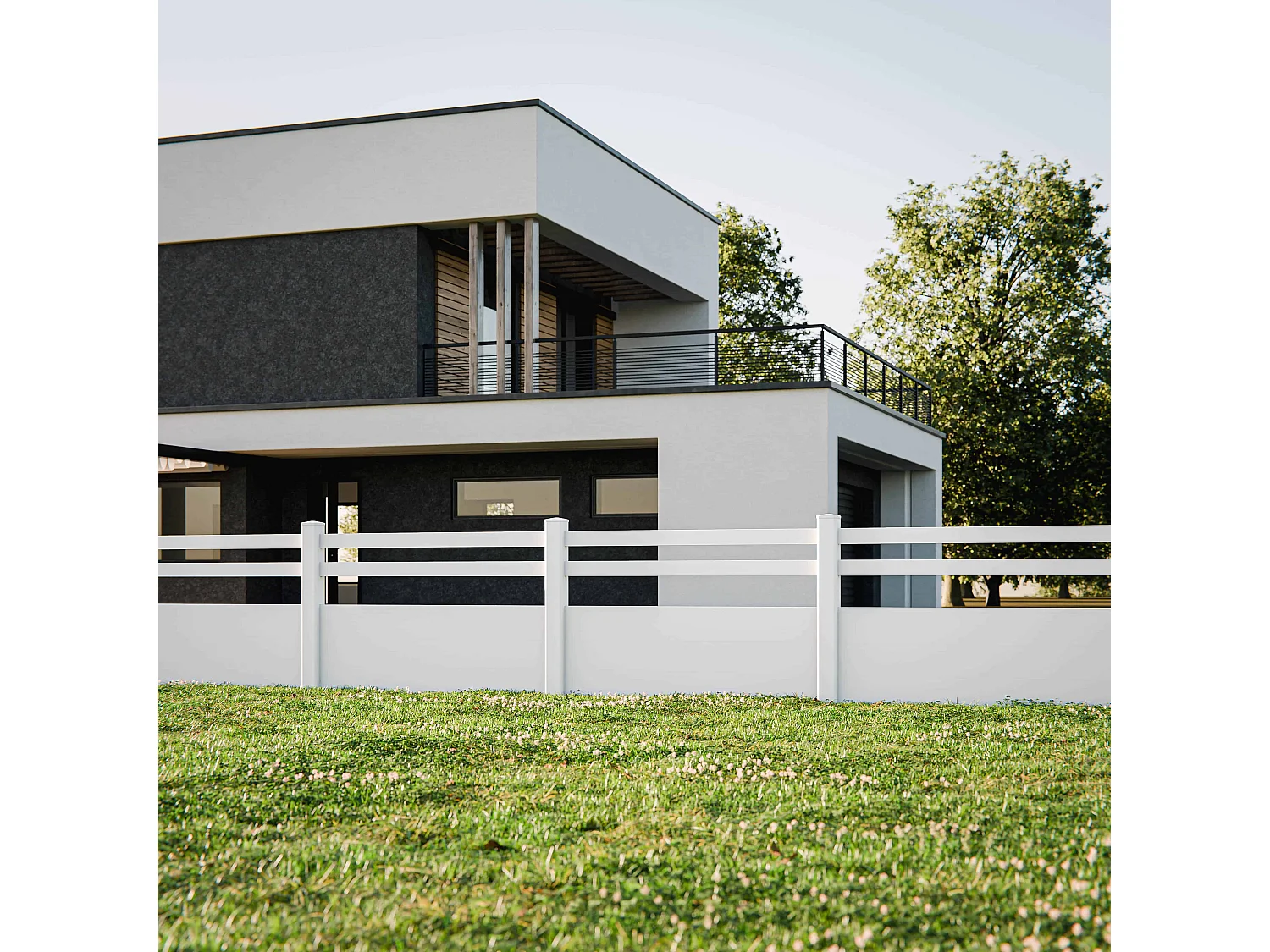 Kit Clôture PRO PVC Blanc H. 120 cm x L. 11.30 m - 2 Lisses + 3 Soubassements