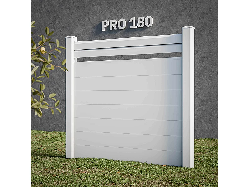 Kit Clôture PRO PVC Blanc H. 180 cm x L. 5.70 m - 2 Lisses claire-voie + 7 Soubassements