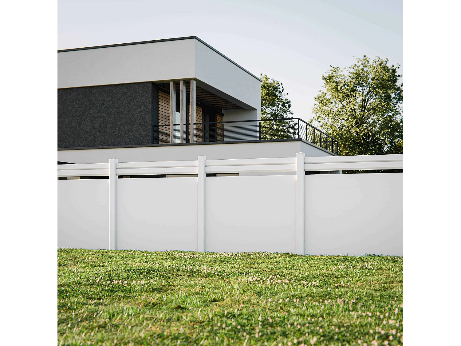 Kit Clôture PRO PVC Blanc H. 180 cm x L. 5.70 m - 2 Lisses claire-voie + 7 Soubassements