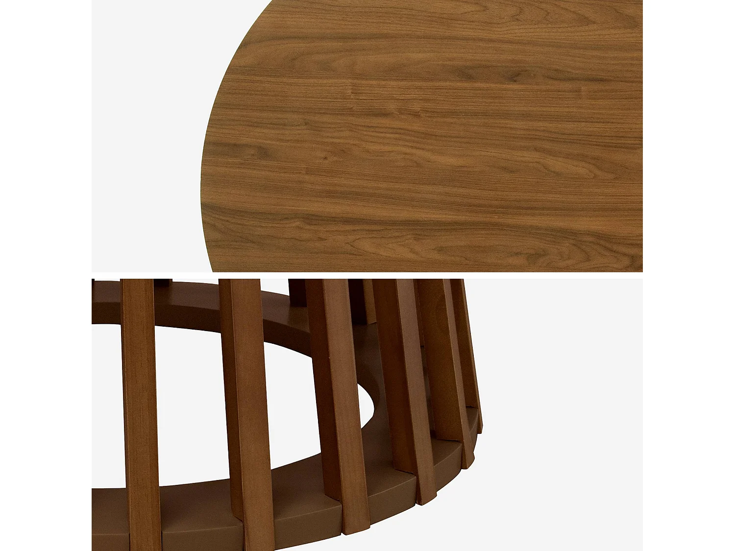 Table à manger effet bois noyer. pieds bois de sapin 4 places Ø120cm