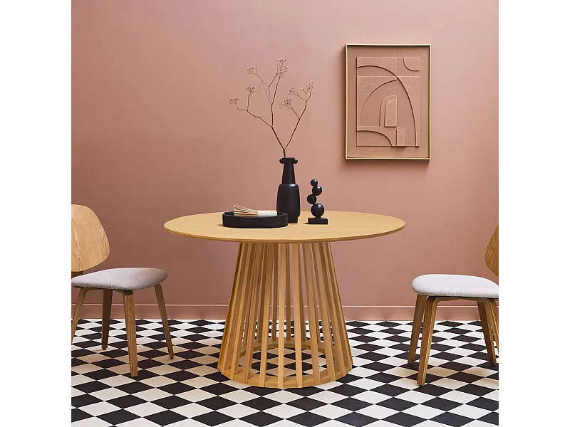 Table à manger effet bois chêne pieds bois de sapin 4 places Ø120cm