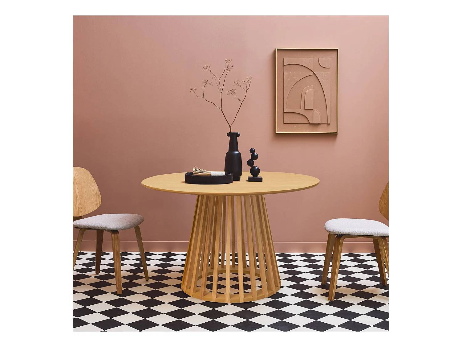 Table à manger effet bois chêne pieds bois de sapin 4 places Ø120cm
