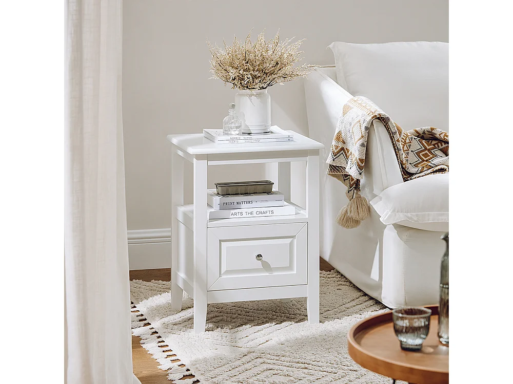 SoBuy Table de Chevet, Table d'Appoint, Bout de Canapé avec 1 Tiroir, Table de Nuit Convient pour Tout Lit et Toute Chambre, Blanc, 45 x 35 x 60 cm, FBT131-W