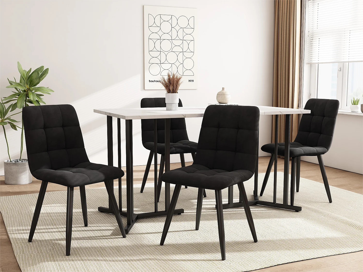 Table à manger 140x80 cm avec pieds réglables - structure en métal - placage à motif de marbre - Blanc & Noir