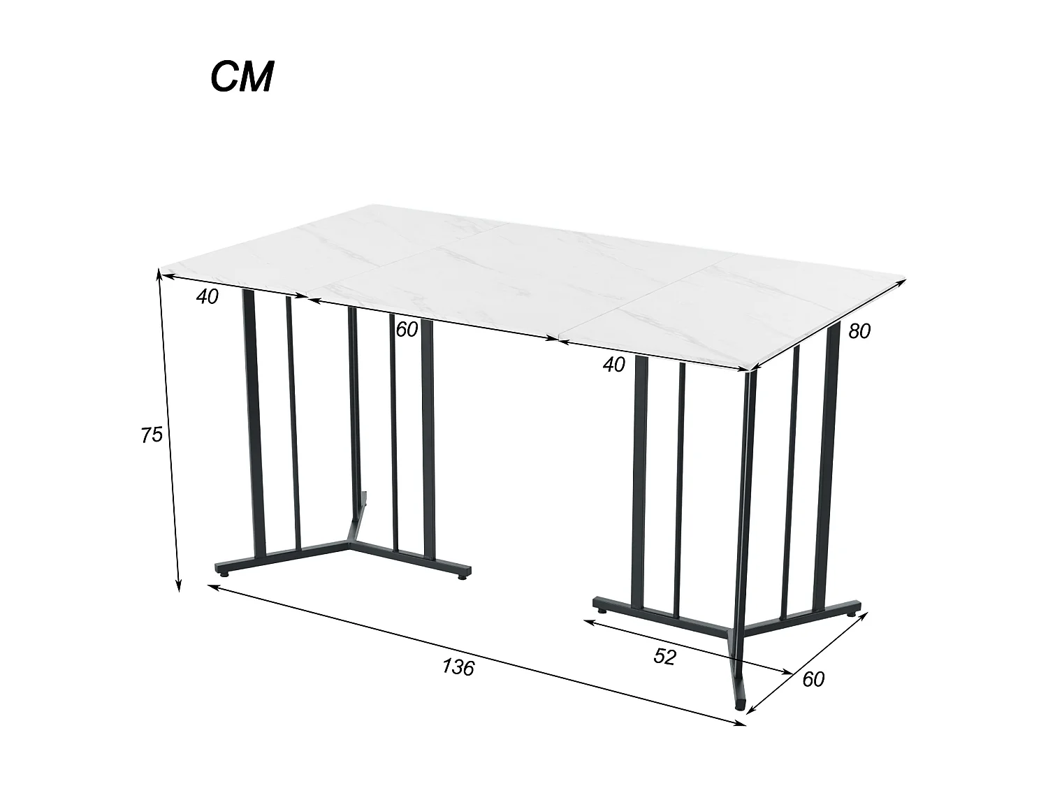 Table à manger 140x80 cm avec pieds réglables - structure en métal - placage à motif de marbre - Blanc & Noir