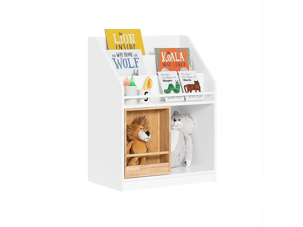 SoBuy Kinderboekenkast, boekenplank met schuifdeur, speelgoedplank, opbergmeubel voor kinderslaapkamer, speelkamer, kinderdagverblijf, wit 63 x 35 x 80 cm, KMB98-W