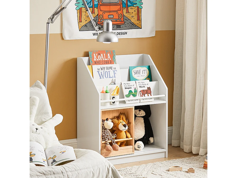 SoBuy Kinderboekenkast, boekenplank met schuifdeur, speelgoedplank, opbergmeubel voor kinderslaapkamer, speelkamer, kinderdagverblijf, wit 63 x 35 x 80 cm, KMB98-W