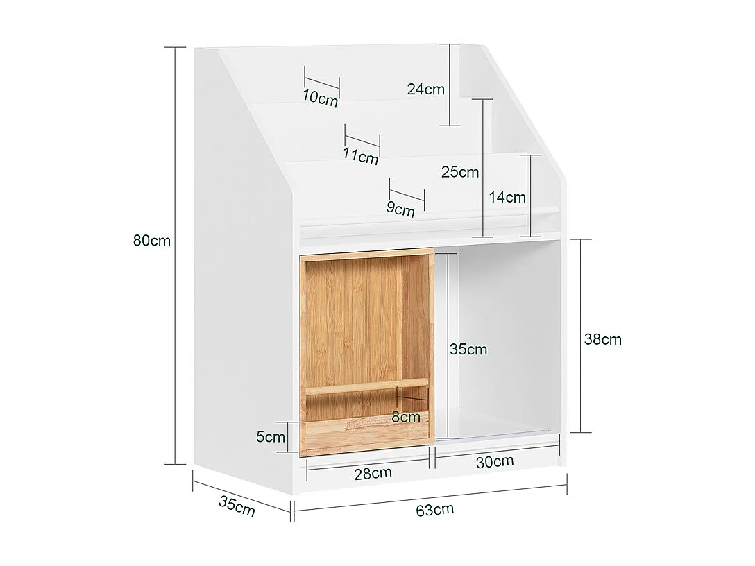 SoBuy Kinderboekenkast, boekenplank met schuifdeur, speelgoedplank, opbergmeubel voor kinderslaapkamer, speelkamer, kinderdagverblijf, wit 63 x 35 x 80 cm, KMB98-W