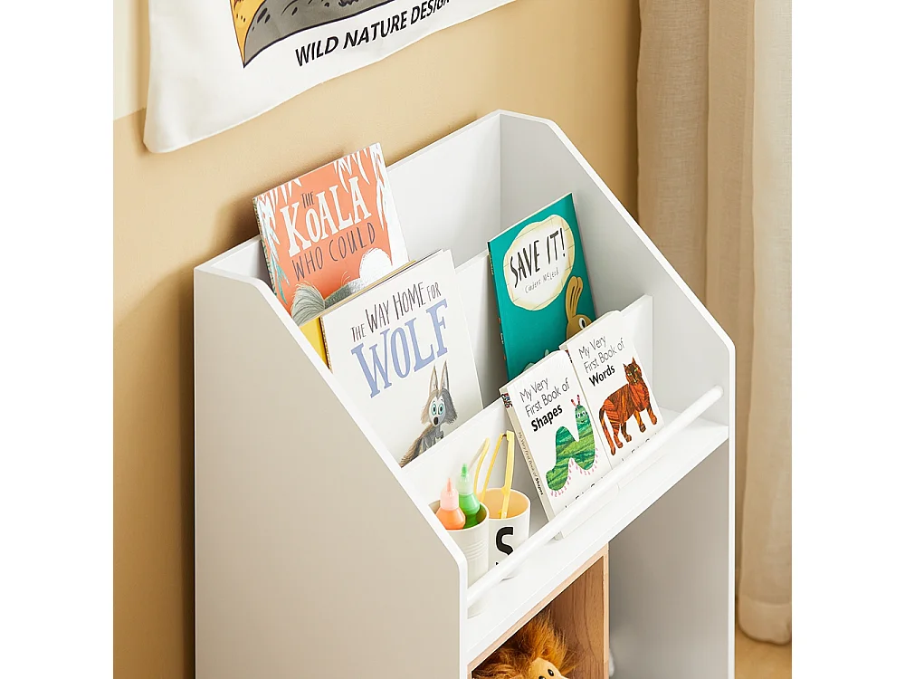 SoBuy Kinderboekenkast, boekenplank met schuifdeur, speelgoedplank, opbergmeubel voor kinderslaapkamer, speelkamer, kinderdagverblijf, wit 63 x 35 x 80 cm, KMB98-W