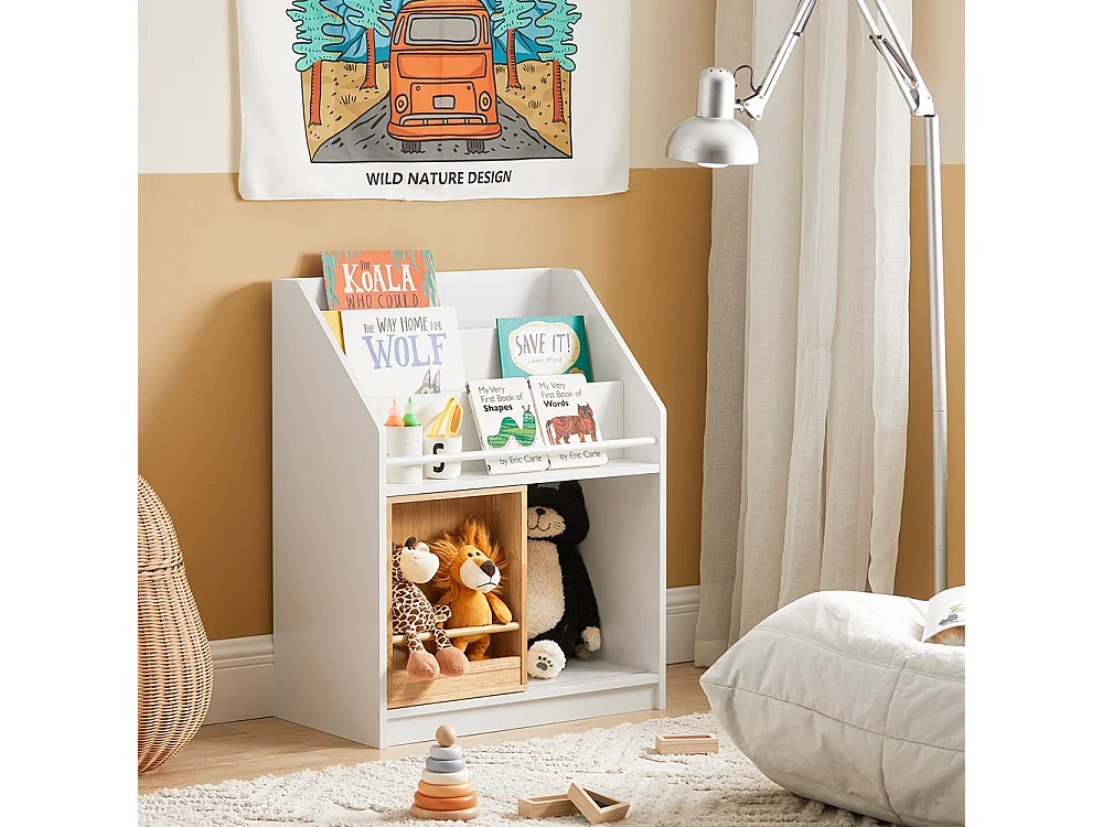 SoBuy Kinderboekenkast, boekenplank met schuifdeur, speelgoedplank, opbergmeubel voor kinderslaapkamer, speelkamer, kinderdagverblijf, wit 63 x 35 x 80 cm, KMB98-W