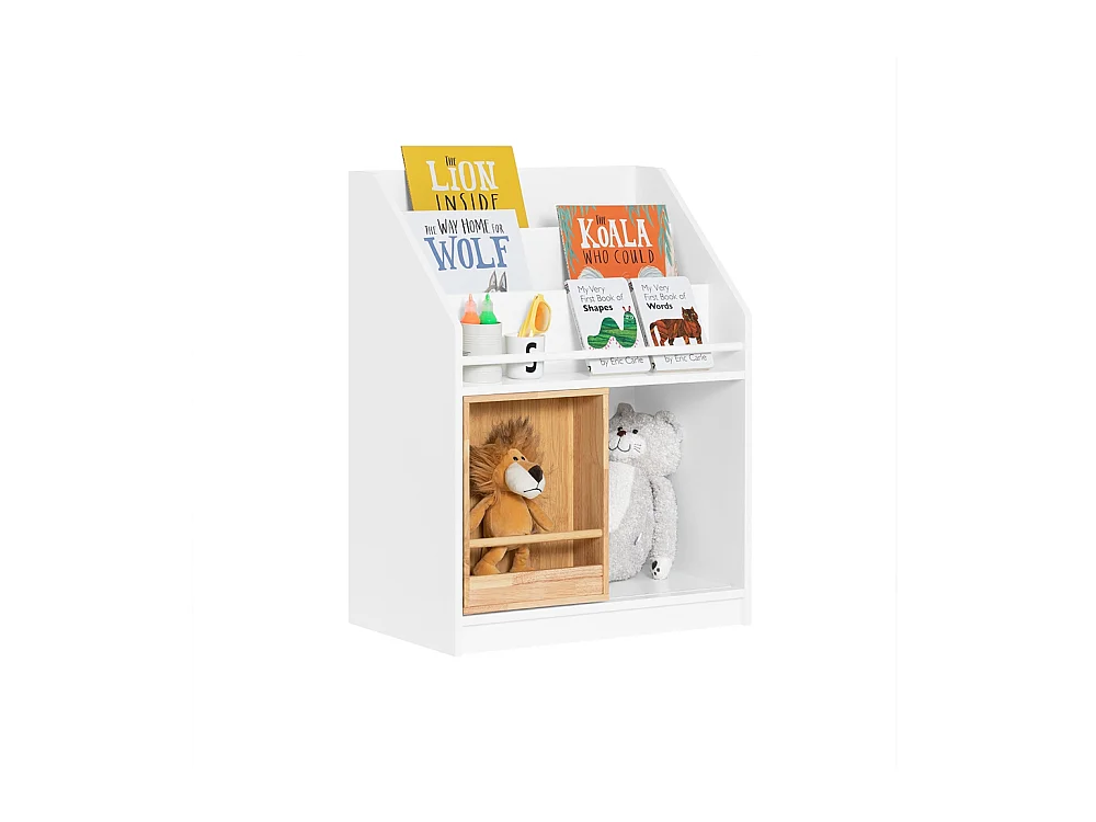 SoBuy KMB98-W Bibliothèque Enfants Étagère à Livres avec Porte Coulissante, Étagère pour Jouets