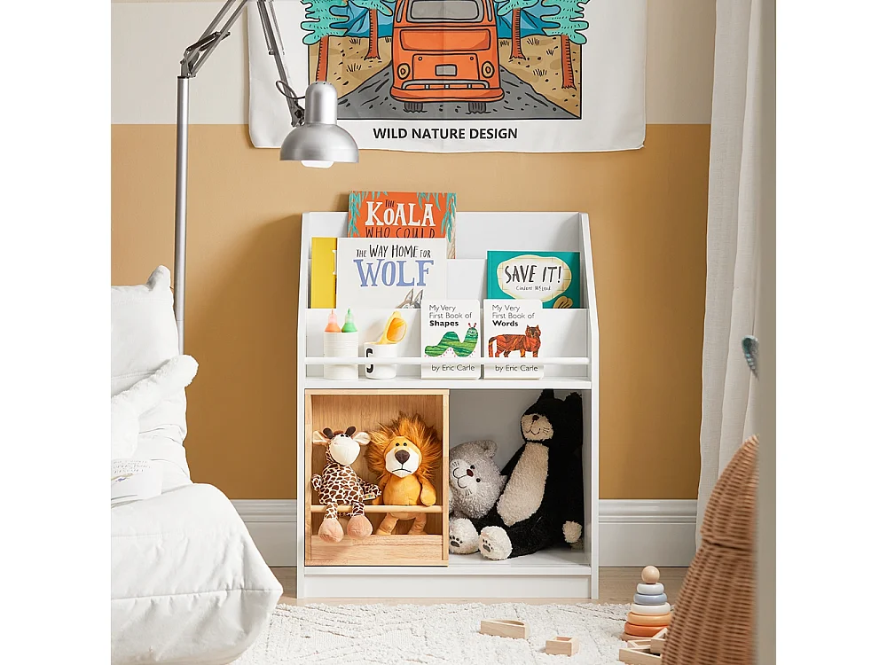 SoBuy KMB98-W Bibliothèque Enfants Étagère à Livres avec Porte Coulissante, Étagère pour Jouets