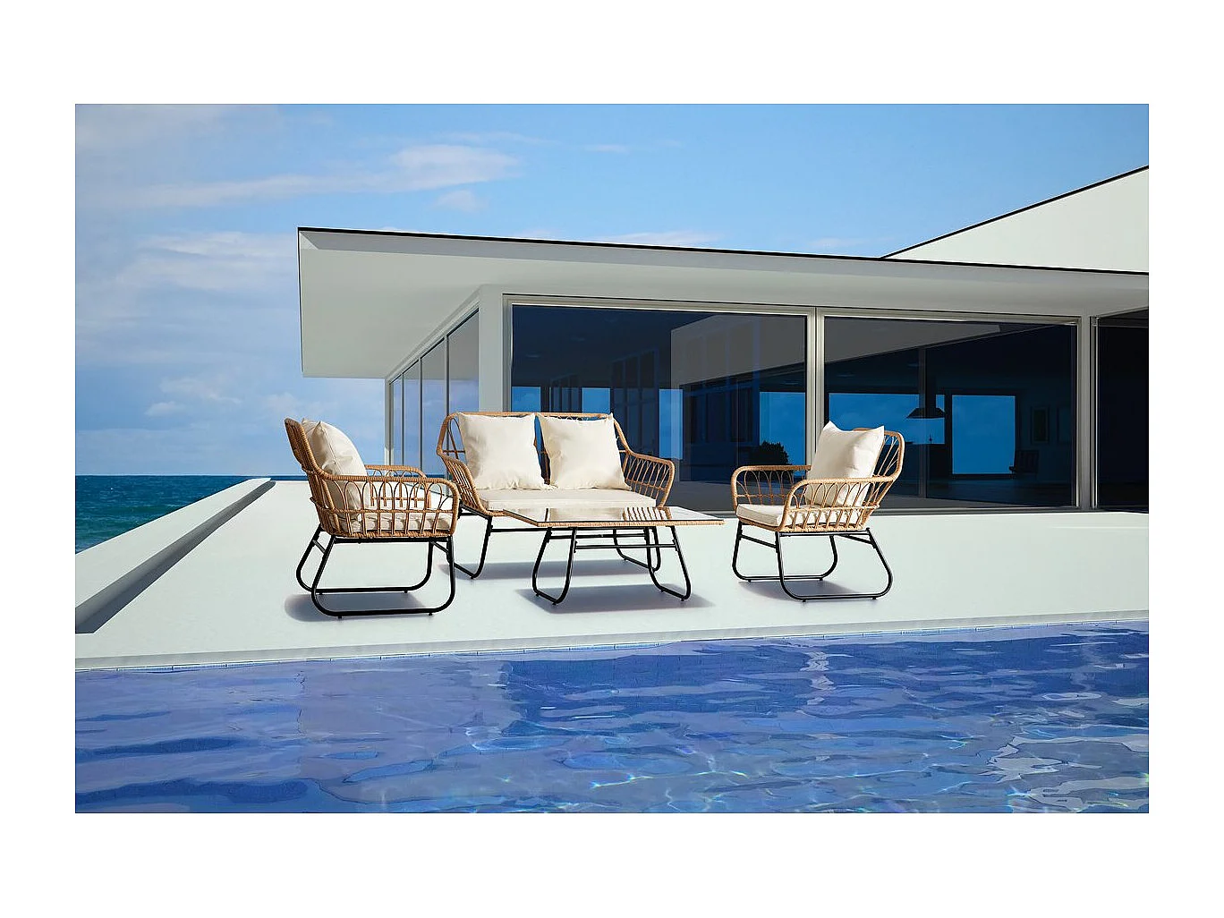 Rotan tuinset "Melo" voor 4 personen - Zwart/Bamboe