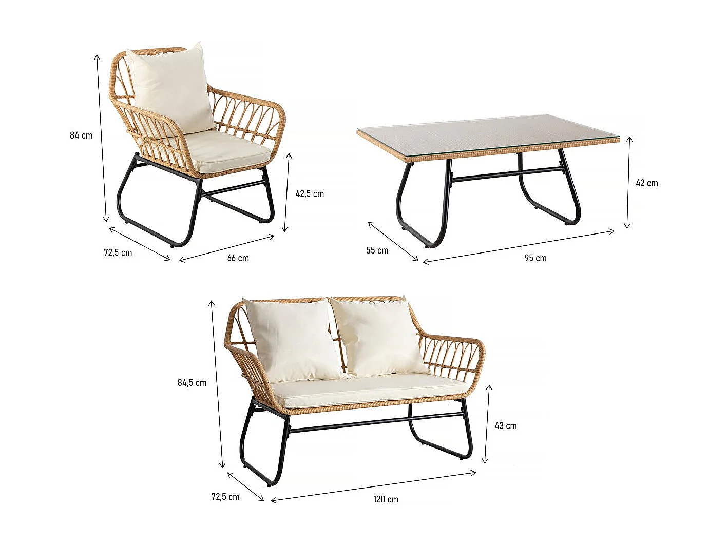 Rotan tuinset "Melo" voor 4 personen - Zwart/Bamboe